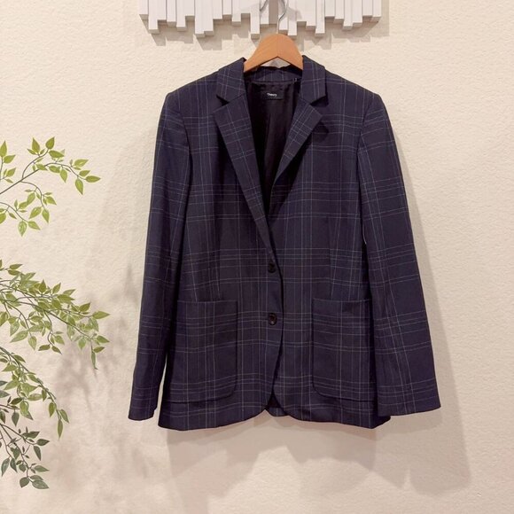 NWOT Theory Women's Blue Dover Windowpane Plaid Single-Breasted Blazer - Picture 1 of 8